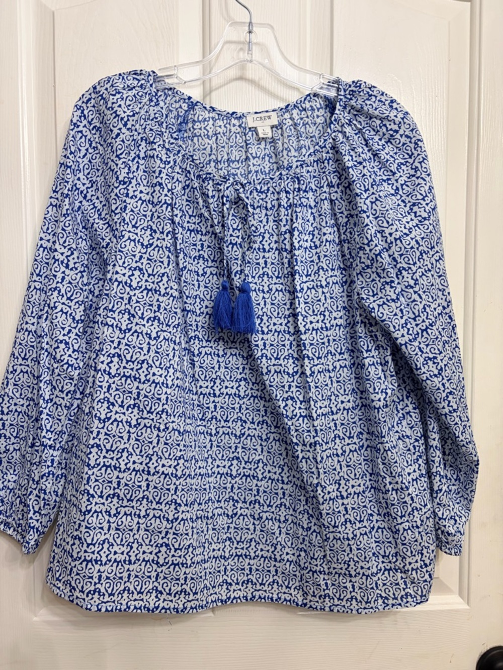 J. Crew Blue and White Printed Peasant Tunic with Tassel